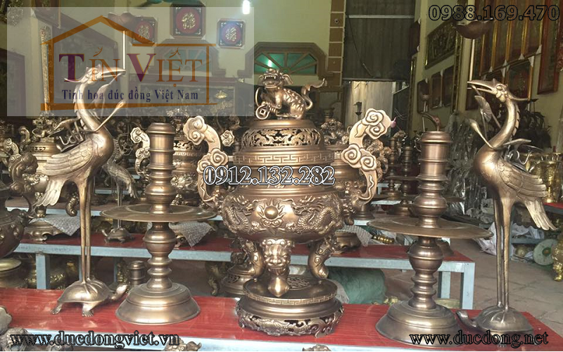 Bộ đồ thờ đồng ngũ sự song long chầu nguyệt 65
