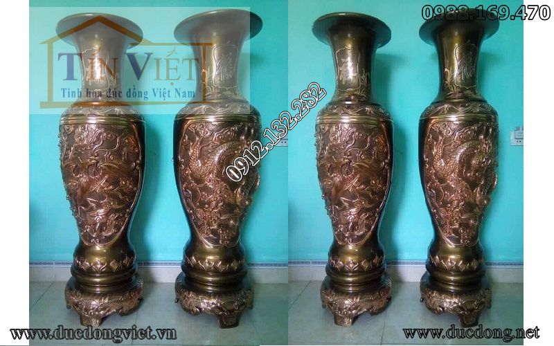 Lộc bình bằng đồng đỏ nguyên chất chạm tứ linh